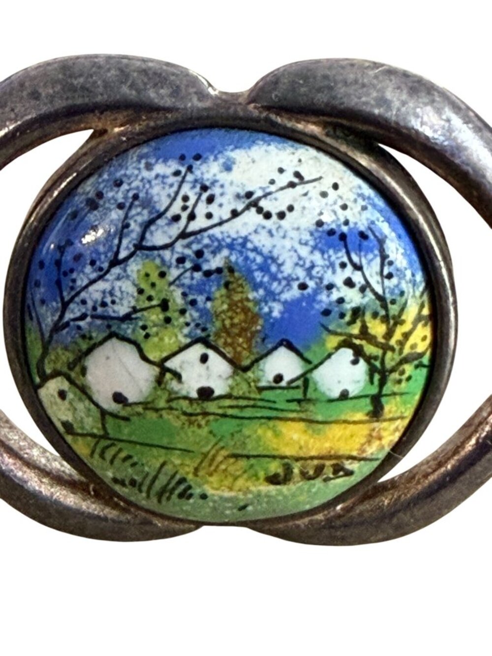 Vintage European Mid-Century Modern Enamel Landscape Hinged Bracelet Signed JUB - Picture 8 of 10